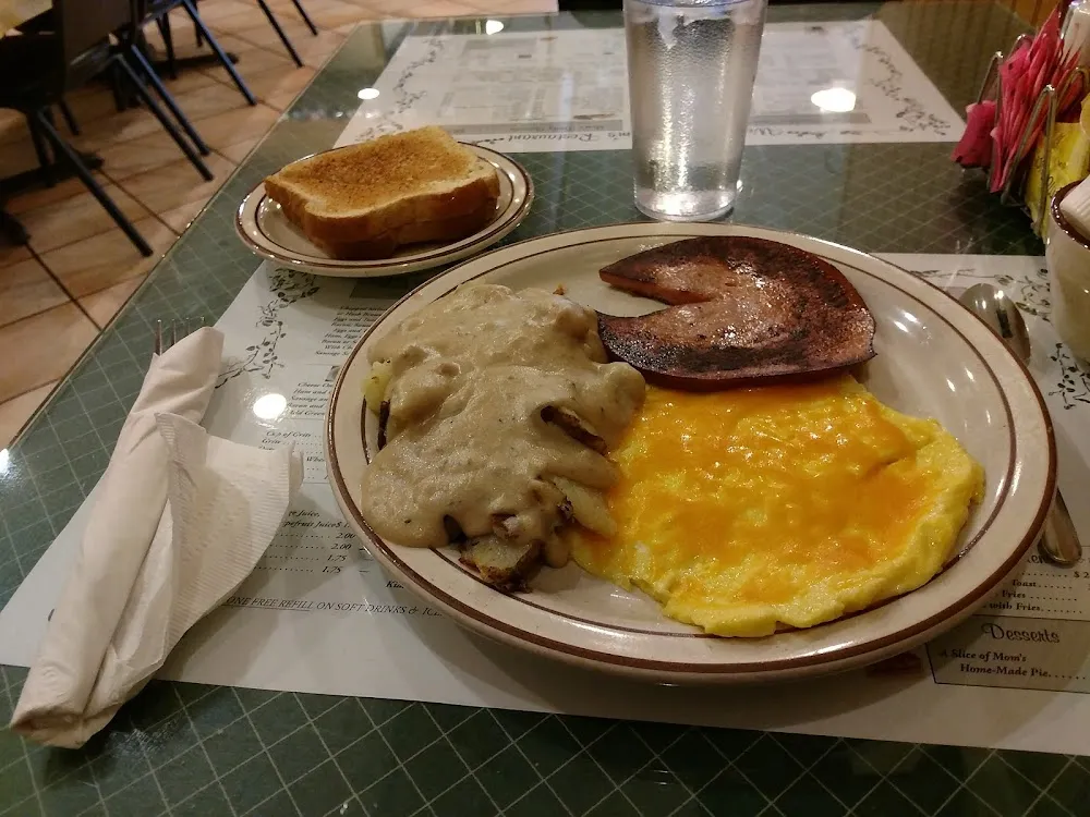 Fried Bologna and Scrambled Eggs with Cheese and Fried Potatoes with Gravy